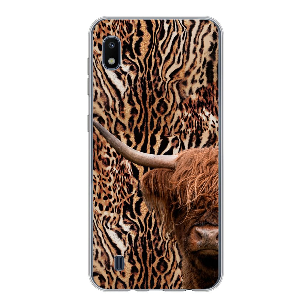 MuchoWow Handyhülle Schutzhülle Hülle für Samsung Galaxy A10 Schottischer Highlander - Kuh - Pantherdruck Silikon Softcase Handy Hülle - Sch...