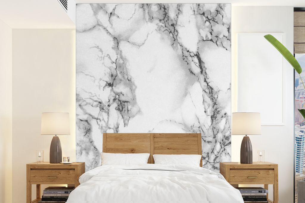 MuchoWow Fototapete für Wohnzimmer oder Schlafzimmer Wandtapete Vinyl Motivtapete Marmor - Stein - Weiß - Grau - Schwarz - Marmoroptik - 190x26...