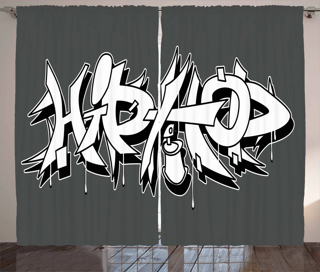 ABAKUHAUS HipHop Tenda rustica, graffiti urbani, tenda con passanti e ganci per camera da letto, 280 x 245 cm, nero, bianco e grigio