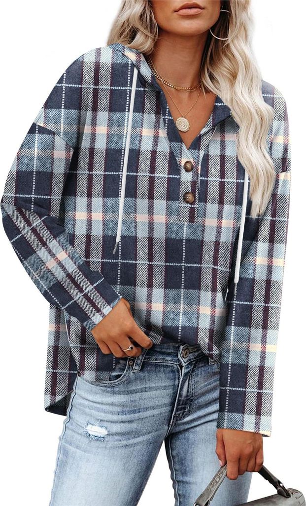 ASKSA Damen Kapuzenpullover V-Ausschnitt Kariertes Knopfleiste Leichter Lockere Langarm Hoodie Sweatshirt (Dunkelblau,M)