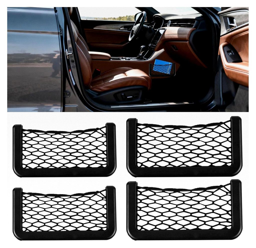 4 Stück Schwarzes Auto Aufbewahrungsnetz, Selbstklebendes Elastisches Ablagenetz für Kofferraum, Netztasche für Auto (2 Größen)