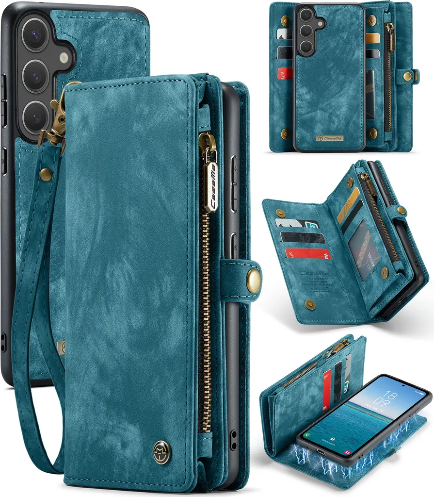 Cover Portafoglio Samsung S25 Plus Pelle Vintage Blu con Zip RFID
