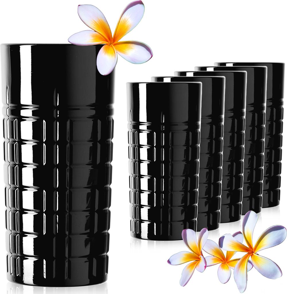 PLATINUX Schwarze Longdrinkgläser mit Muster aus Glas 300ml (max. 350ml) 6 Teilig Trinkglas Wassergläser Bargläser