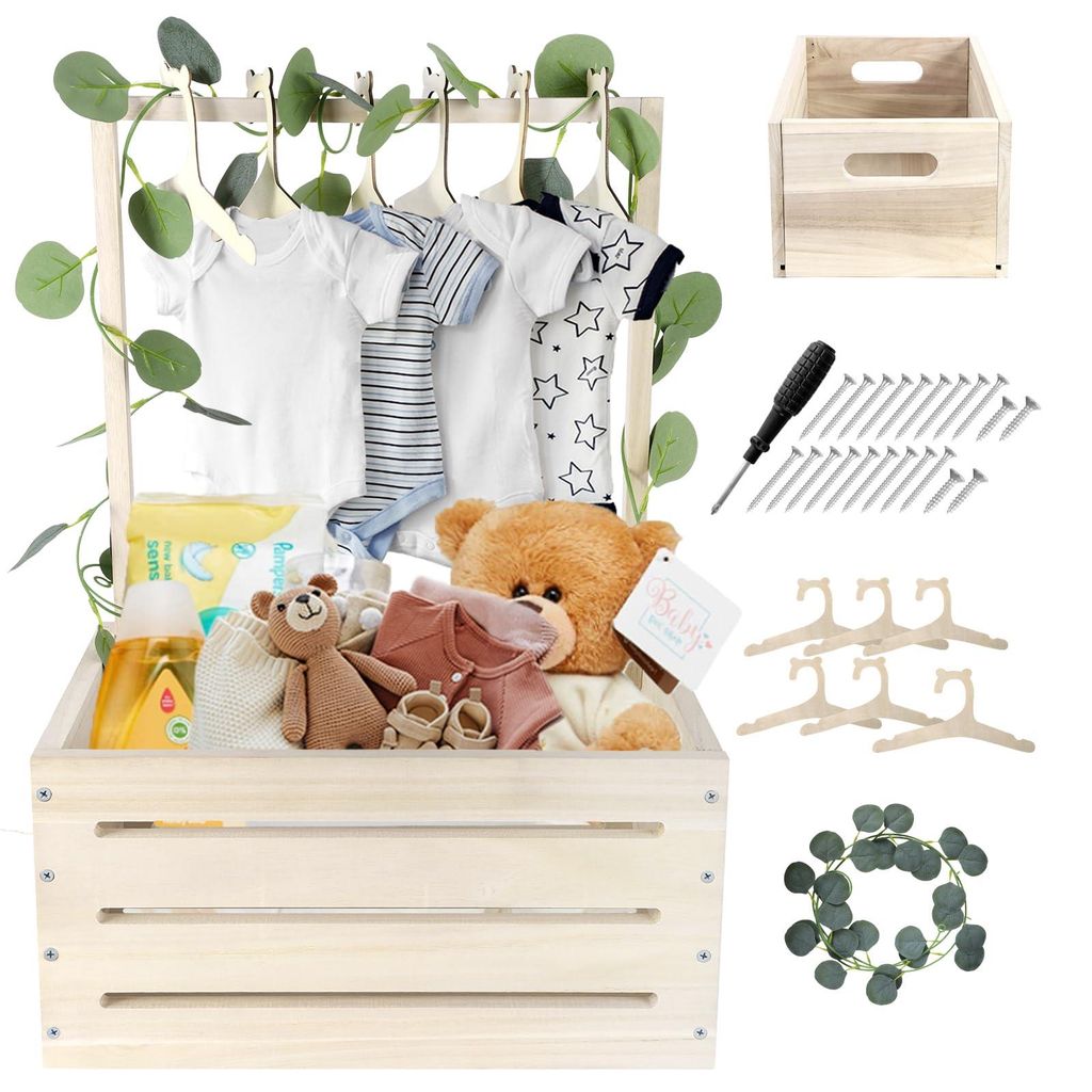 Babygeschenkkorb aus Holz mit Henkel, Kleiderbügel und Girlande für Kinder, Aufbewahrungskorb für Babyartikel, Geschenkset für werdende Eltern,...