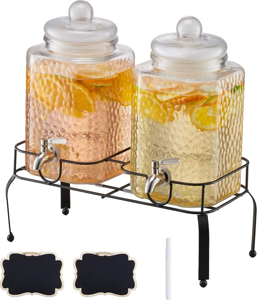 VEVOR Getränkespender (2 x 5,5 L) für Partys Saftspender (aus Glas) mit tropfsicherem Zapfhahn & Metallständer Wasserspender für Restaurants Pa...