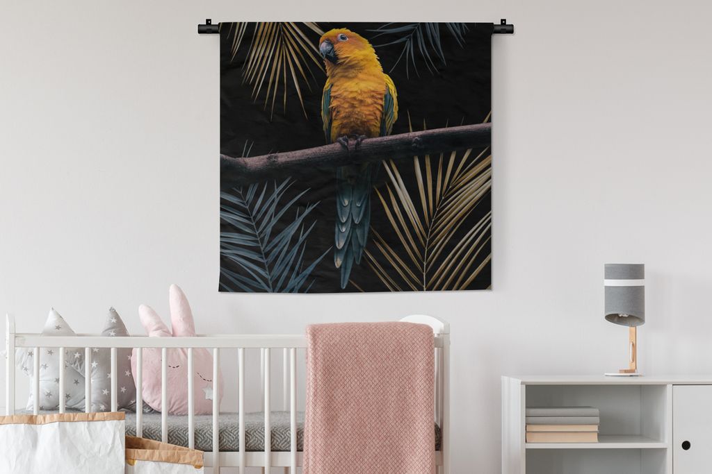 MuchoWow Wandteppich Wandbehang Vogel - Papagei - Zweig - Blätter 90x90 cm Tapisserie Dekoration Wandtuch - Wandaufhänger