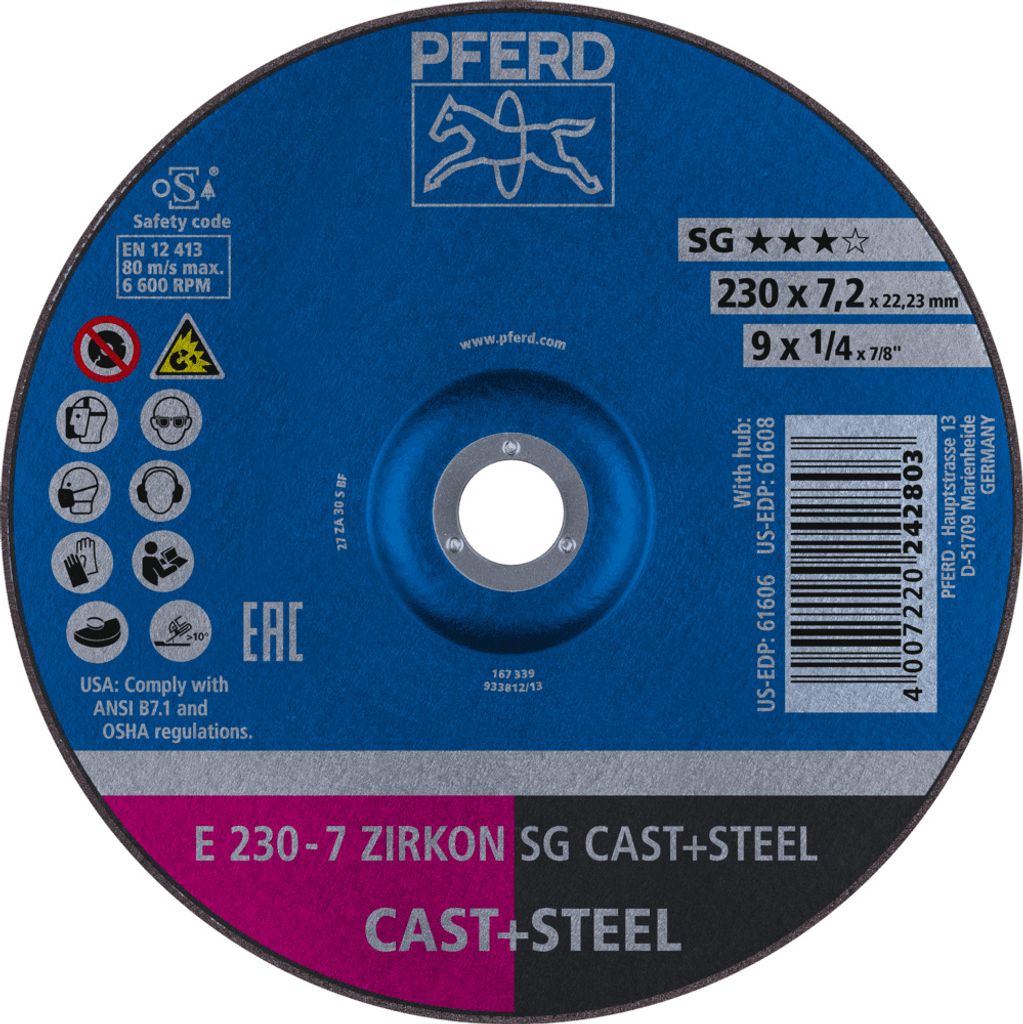 PFERD TOOLS Schruppscheibe E 230x7,2x22,23 mm ZIRKON Leistungslinie SG CAST+STEEL für Guss/Stahl