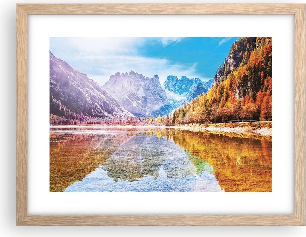 Gerahmtes Poster - Rahmen in heller Eiche - Herbst Landschaft Berge - 40x30 cm - Wand Bild - Wanddeko - Wandbilder - Kunstposter - Wandposter - Bil...