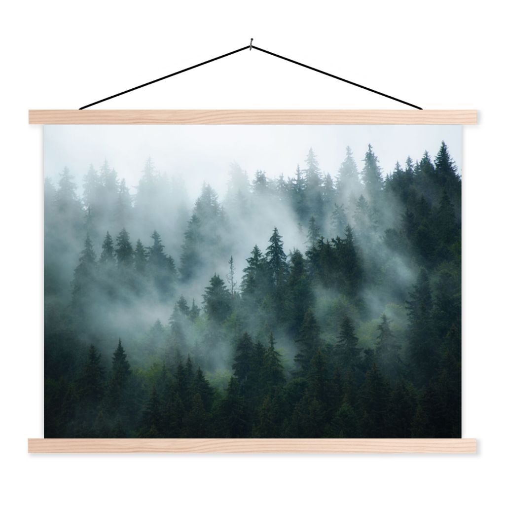 MuchoWow Textilposter Nebel - Bäume - Wald 120x90 cm mit holzfarbenen Rahmen - Magnetisch