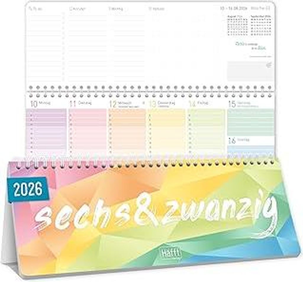 HäfftWochen-Tischkalender 2026 quer mit Aufsteller Rainbow 1 Woche 2 Seiten, Schreibtisch-Kalender mit Sprüchen, Wochenkalender 29,7 x 11,6 cm - ...