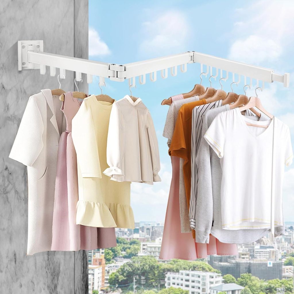 Wandmontage trockenes Gestell mit Kleiderstange 120 cm - ausziehbar und klappbar mit 18 Aufhänghaken für Balkon, Waschküche, Badezimmer und Schl...