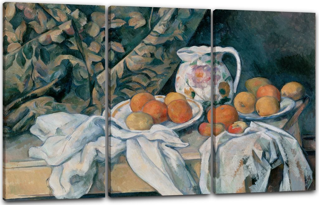 Leinwandbild 3-teilig (120x80cm): Paul Cézanne - Stillleben mit Gardine (1895), echter Holz-Keilrahmen inkl. Aufhänger, handgefertigt in Deutschland