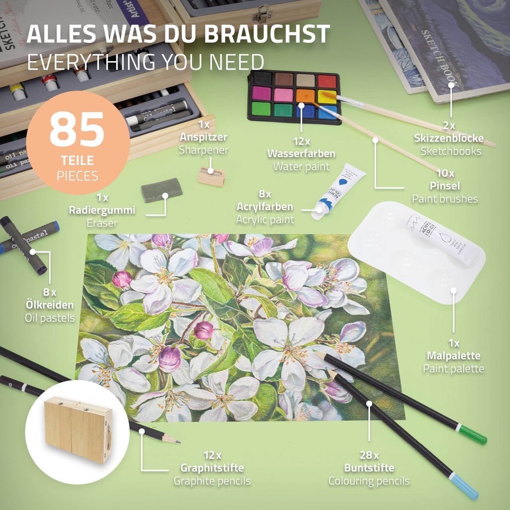 ECD Germany Malset mit Holzkoffer, 85-Teilig, 36x26x10 cm, Produktbild 3