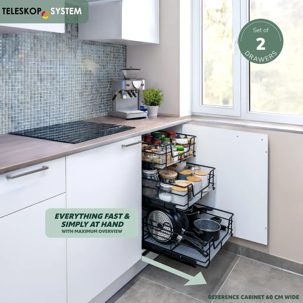 HENGMEI Cassetti Telescopici Da Cucina 50 cm, 4 Estraibili, Organizer Per Camera Da Letto, Portata 20 kg