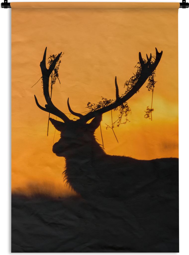 MuchoWow Wandteppich Wandbehang Hirsch - Orange - Scherenschnitt - Tiere - Natur 60x90 cm Tapisserie Dekoration Wandtuch - Foto-Teppich - Abwaschbar