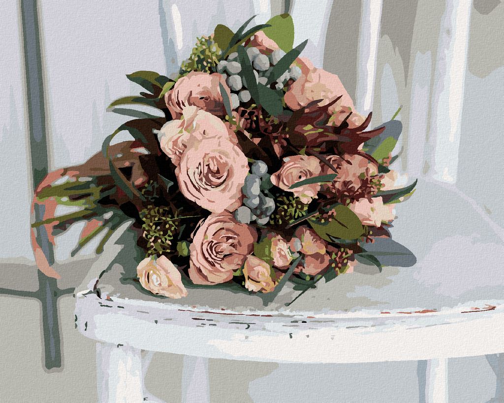 Zuty - Malen nach Zahlen - BLUMENSTRAUSS AUS ROSEN AUF EINEM WEISSEN STUHL, 40x50 cm, ohne Keilrahmen