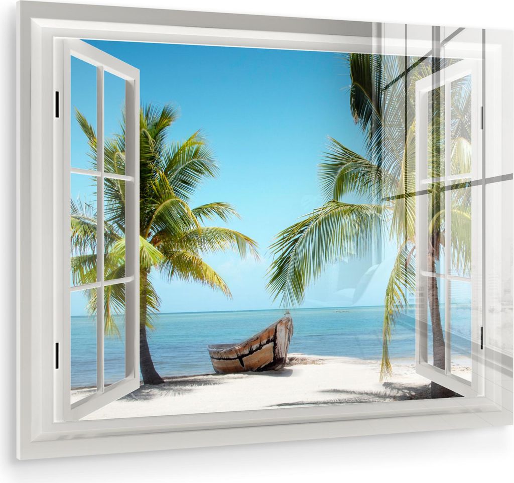 MuchoWow Glasbilder - Bilder auf Wandbild - Foto auf Glas Durchsichtig - Strand - Palme - Boot - Tropisch - Meer - Blau 40x30 cm Wanddekoration aus...