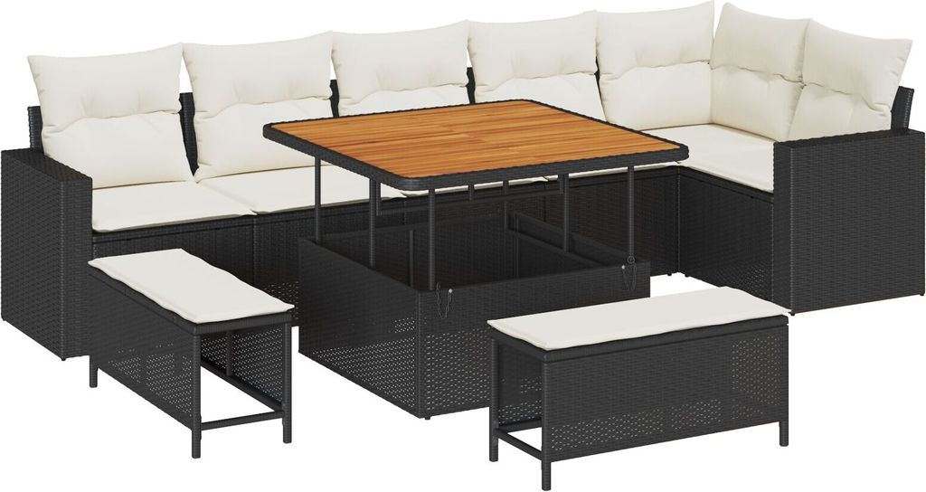 2025 Moderne 9-teiliges Garten Sofa Set mit Kissen Schwarz Poly Rattan Akazie, 3-teiliges Garten Essset mit Kissen Schwarz Poly Rattan Akazie - Gar...