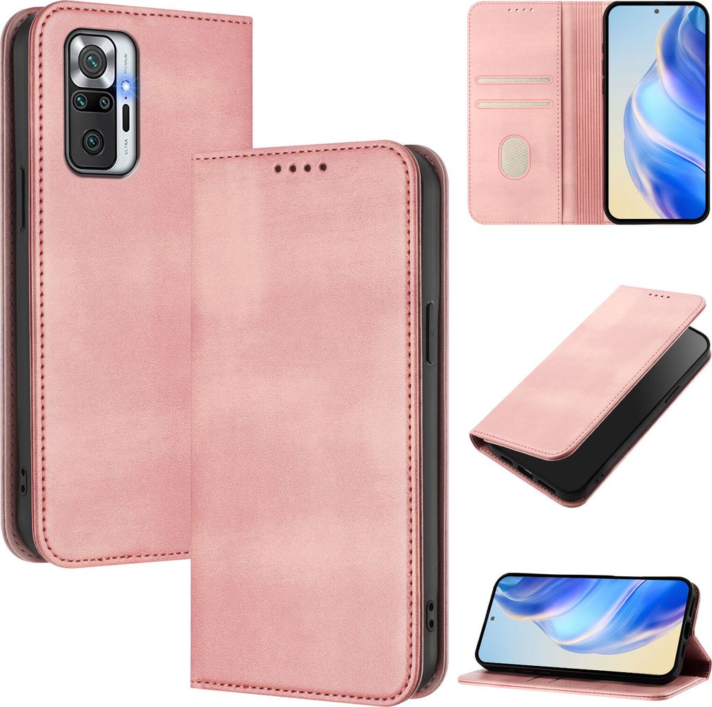 Handyhülle für Xiaomi Redmi Note 10 Pro/Note 10 Pro Max, Vintage Leder RFID Schutz Kartenfach Standfunktion Magnetische Klapphülle Pink