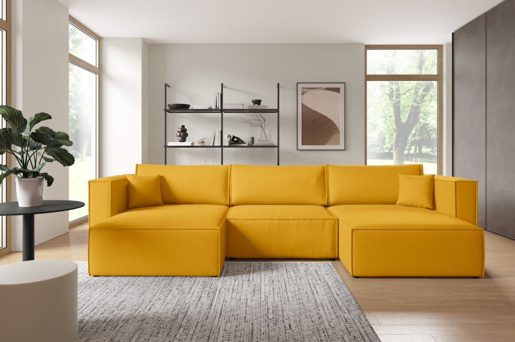 Furnisell U Form Sofa Velour Ecksofa Bettkasten Schlaffunktion "KEYMON U", Gelb