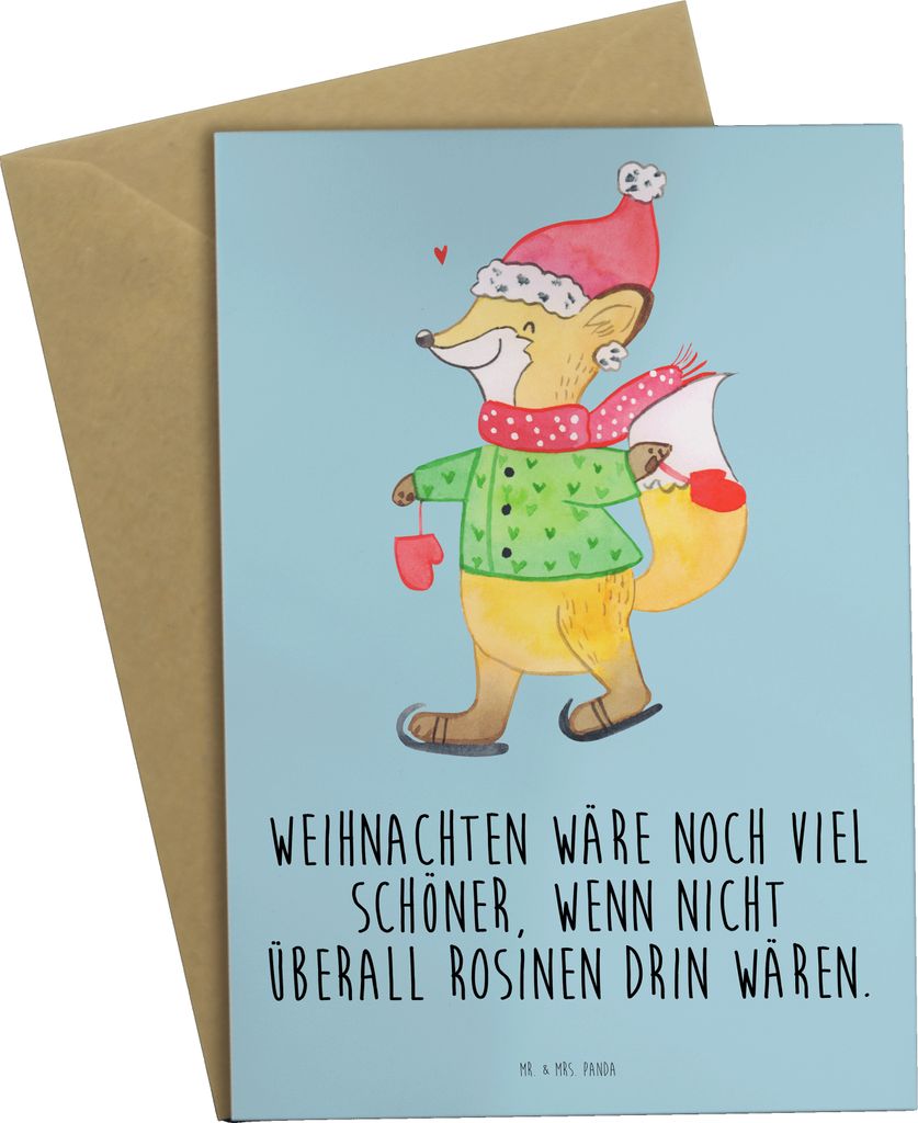 Mr. & Mrs. Panda Glückwunschkarte Fuchs Schlittschuhe - Eisblau - Geschenk, Klappkarte, babykarte, einladungskarten, Tannenbaum, Weihnachten, Wint...