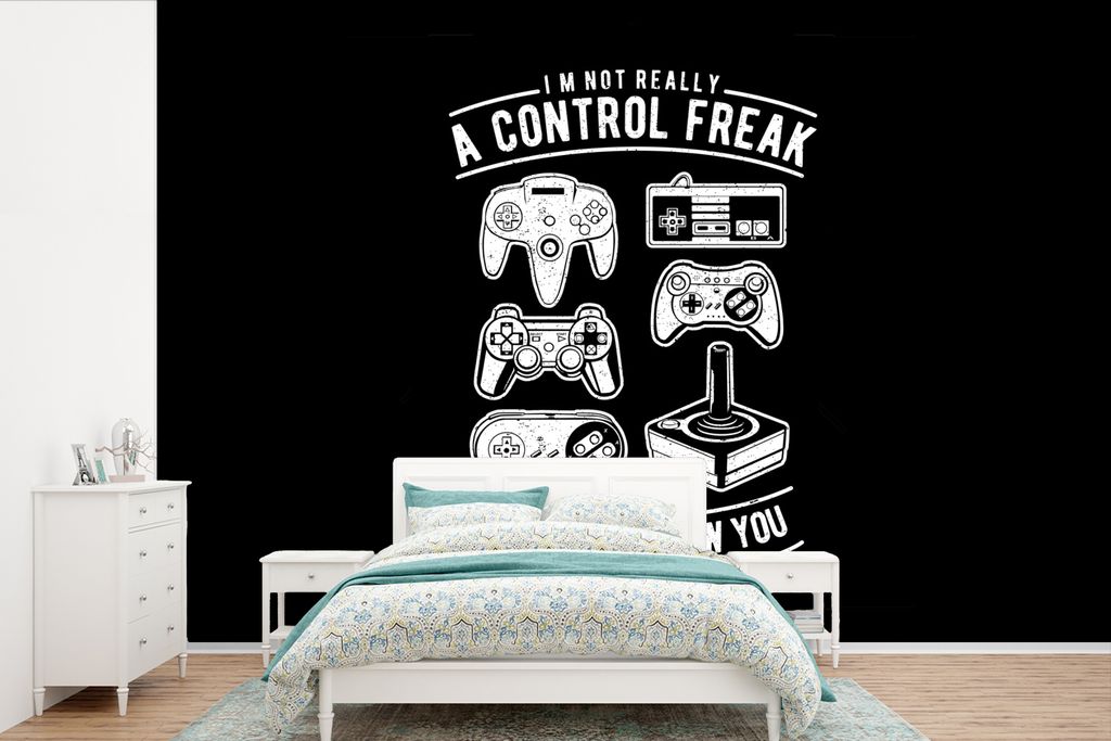 MuchoWow Fototapete für Wohnzimmer oder Schlafzimmer Wandtapete Vinyl Motivtapete Mancave - Controller - Schwarz - Weiß - Vintage - 450x300 cm ...