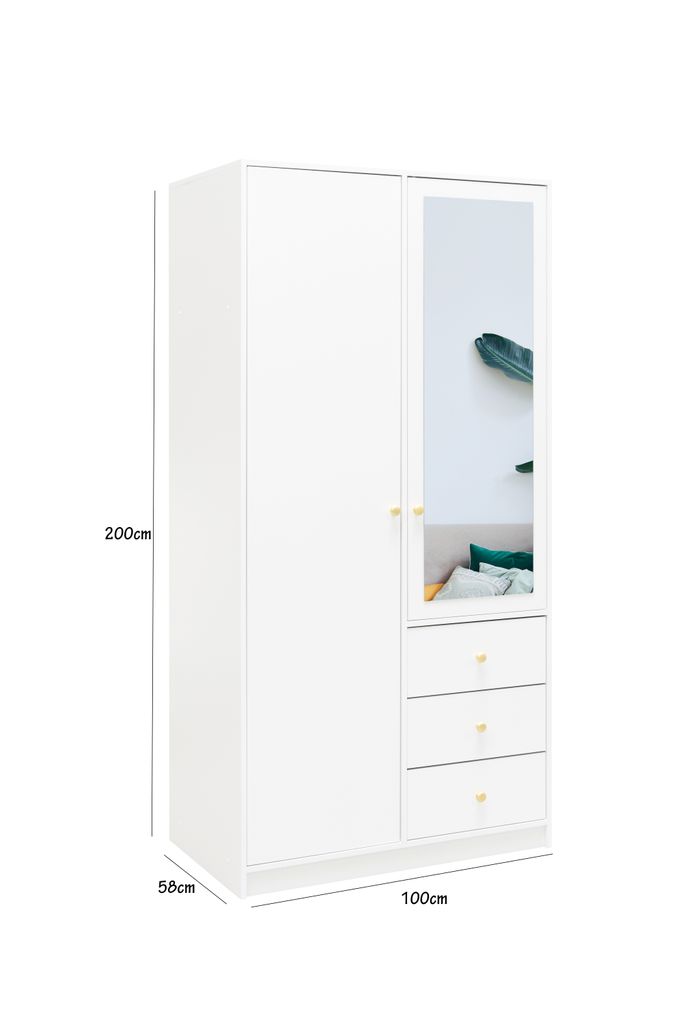 BETTSO Drehtürenschrank Kleiderschrank mit 2 Türen und 3 Schubladen Spiegel Garderobenschrank Garderobe Schlafzimmerschrank-RAINBOW 100cm Weiß