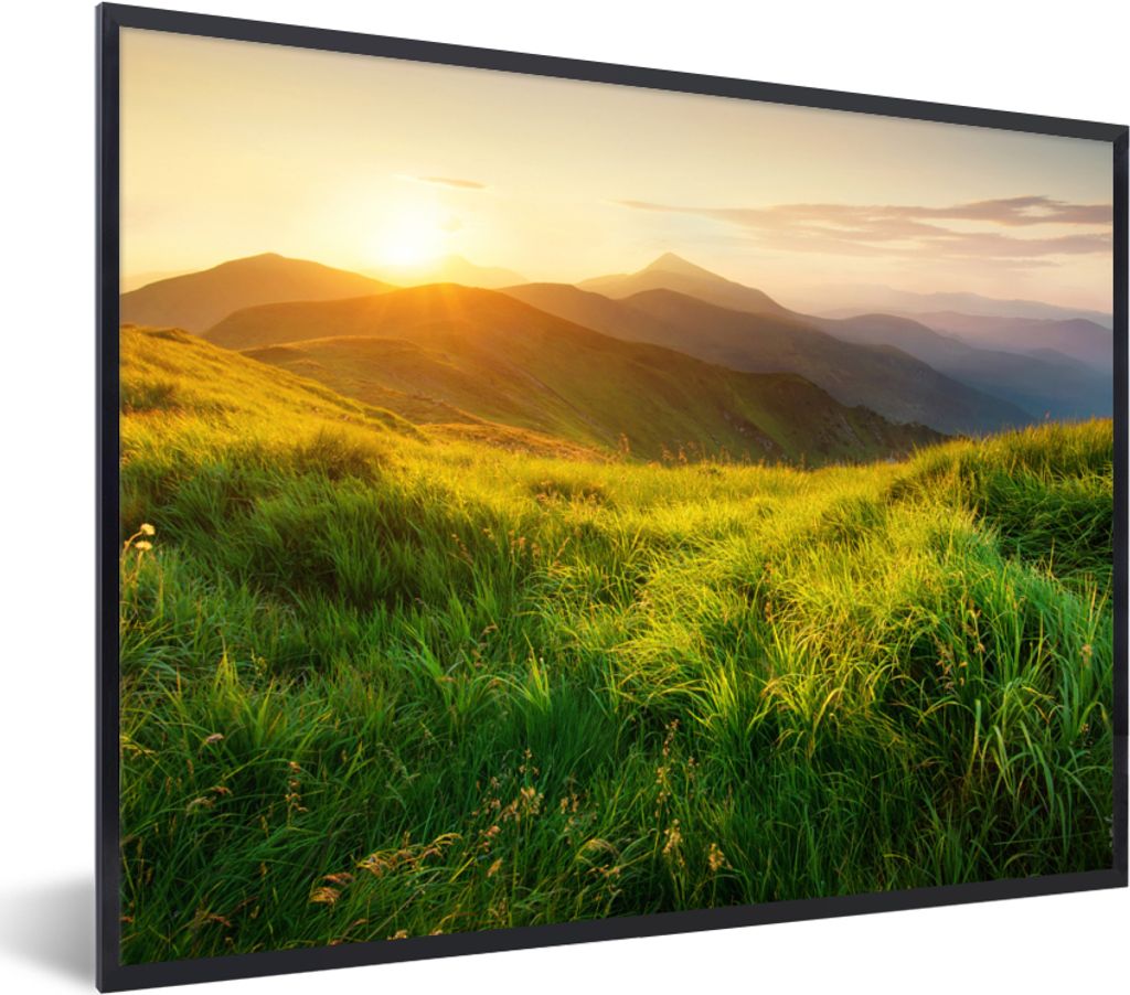 MuchoWow Gerahmtes Poster Gras - Hügel - Sonne - Natur - Landschaft 40x30 cm - Poster mit Schwarzem Bilderrahmen Wandposter Rahmen Foto Bilder -...