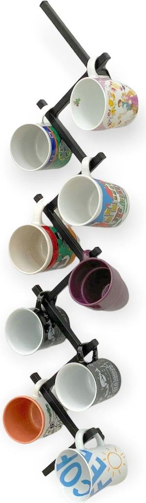 A vertical rack holding multiple mugs of various designs.