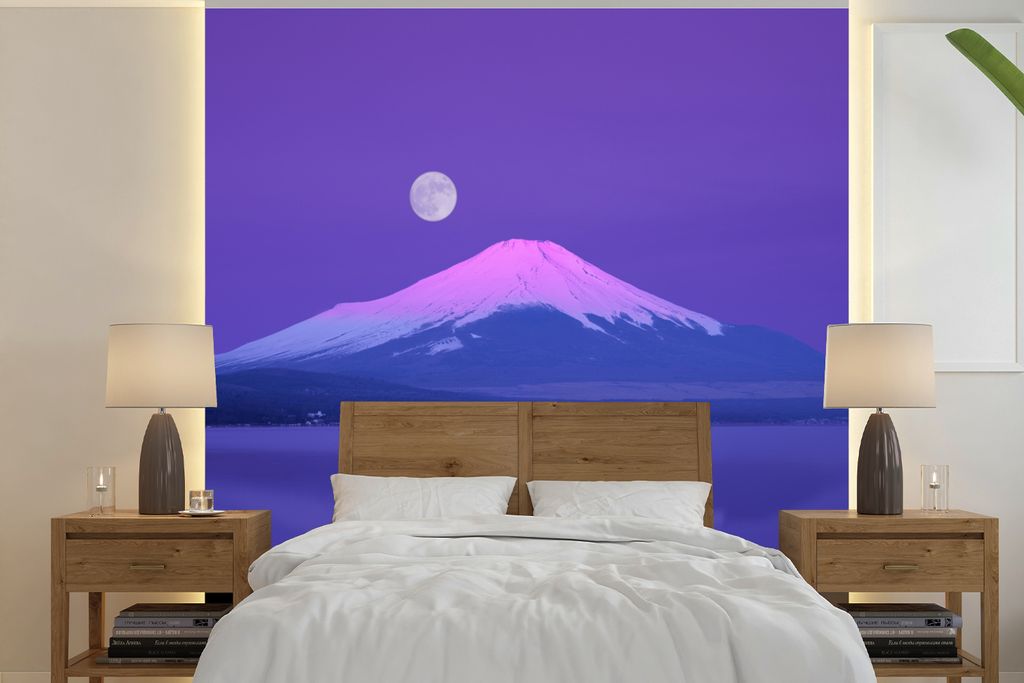 MuchoWow Fototapete für Wohnzimmer oder Schlafzimmer Wandtapete Vinyl Motivtapete Mond - Berg - Lila - 240x240 cm - Schlafzimmer-Tapete