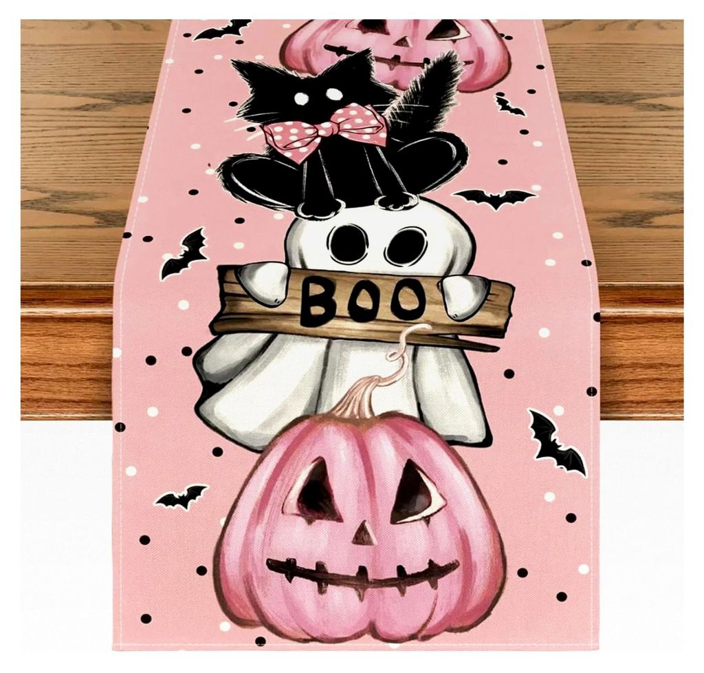 Schwarze Katzen und Kürbisse Halloween Tischläufer, Rosa Tischdecke, Geister Herbst Tischband, Fledermäuse Deko, Halloween-Tischflagge, 33x180cm