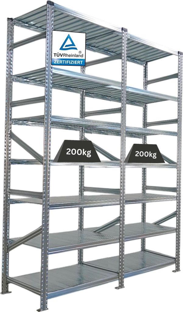 Fachbodenregal PROXIMO mit Stecksystem | Komplettregal | HxBxT 240x180x60cm | 7 Ebenen | Beidseitig nutzbar | Verzinkt