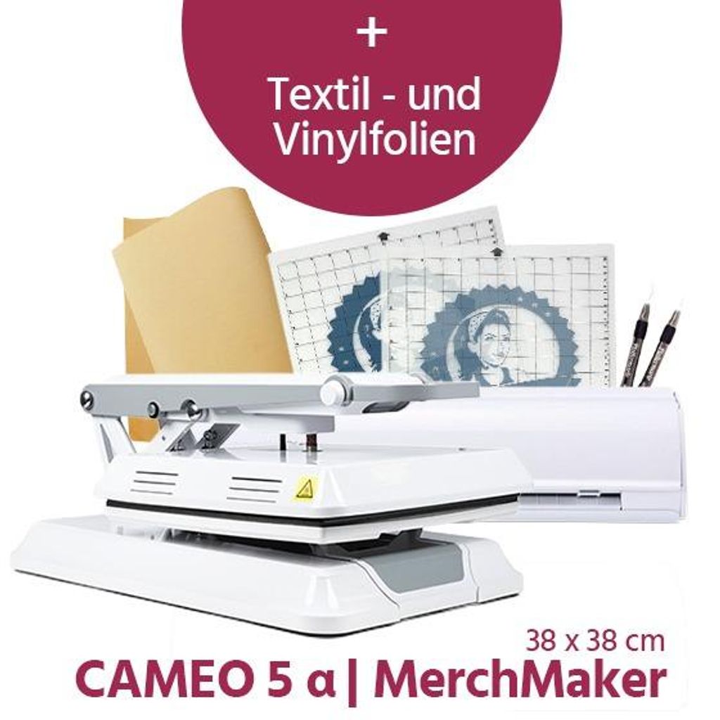 Silhouette Schneideplotter Cameo 5a + MerchMaker Starterset mit Plotter & Transferpresse – Plotten, Textildruck, Transferfolien, T-Shirts & DIY