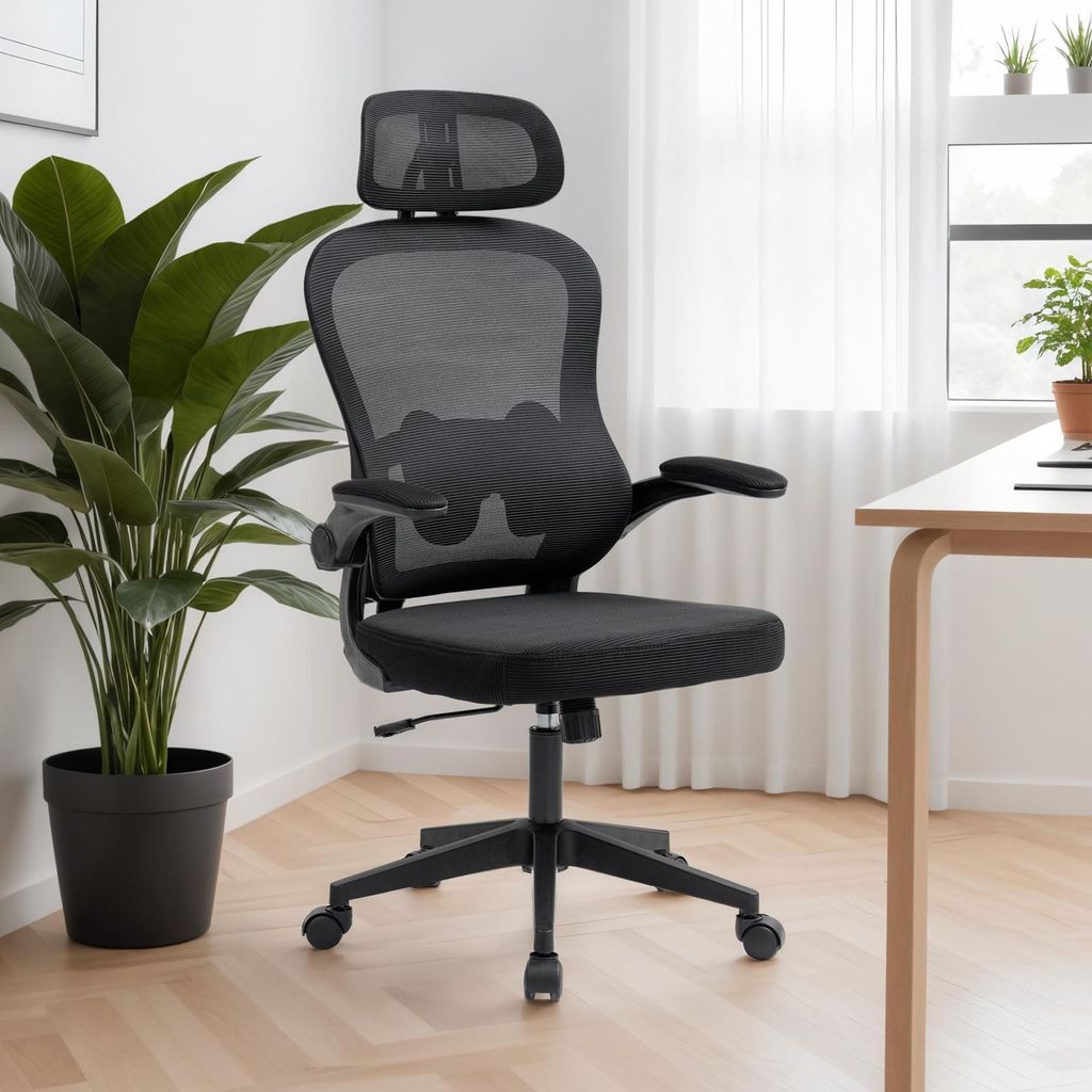 Bürodrehstuhl JOBURG höhenverstellbar mit Armlehnen, schwarz – ergonomischer Schreibtischstuhl mit Netzrücken und Lendenstütze für Home Offi...