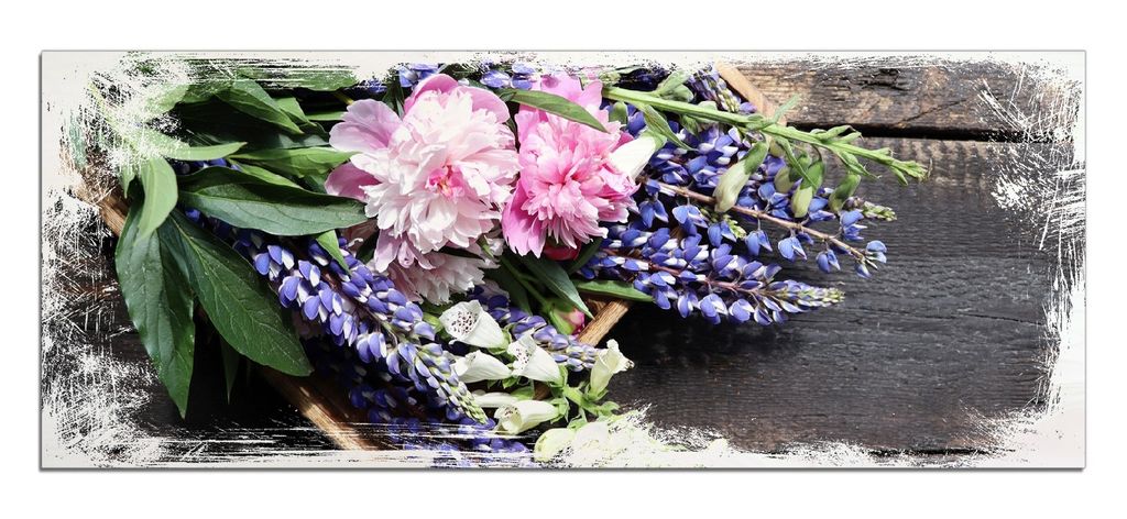 Wallario Kunstdrucke Wandbilder Holz in : Brillante Farben, Größe 50 x 125 cm Motiv Stillleben mit Frühlingsblumen