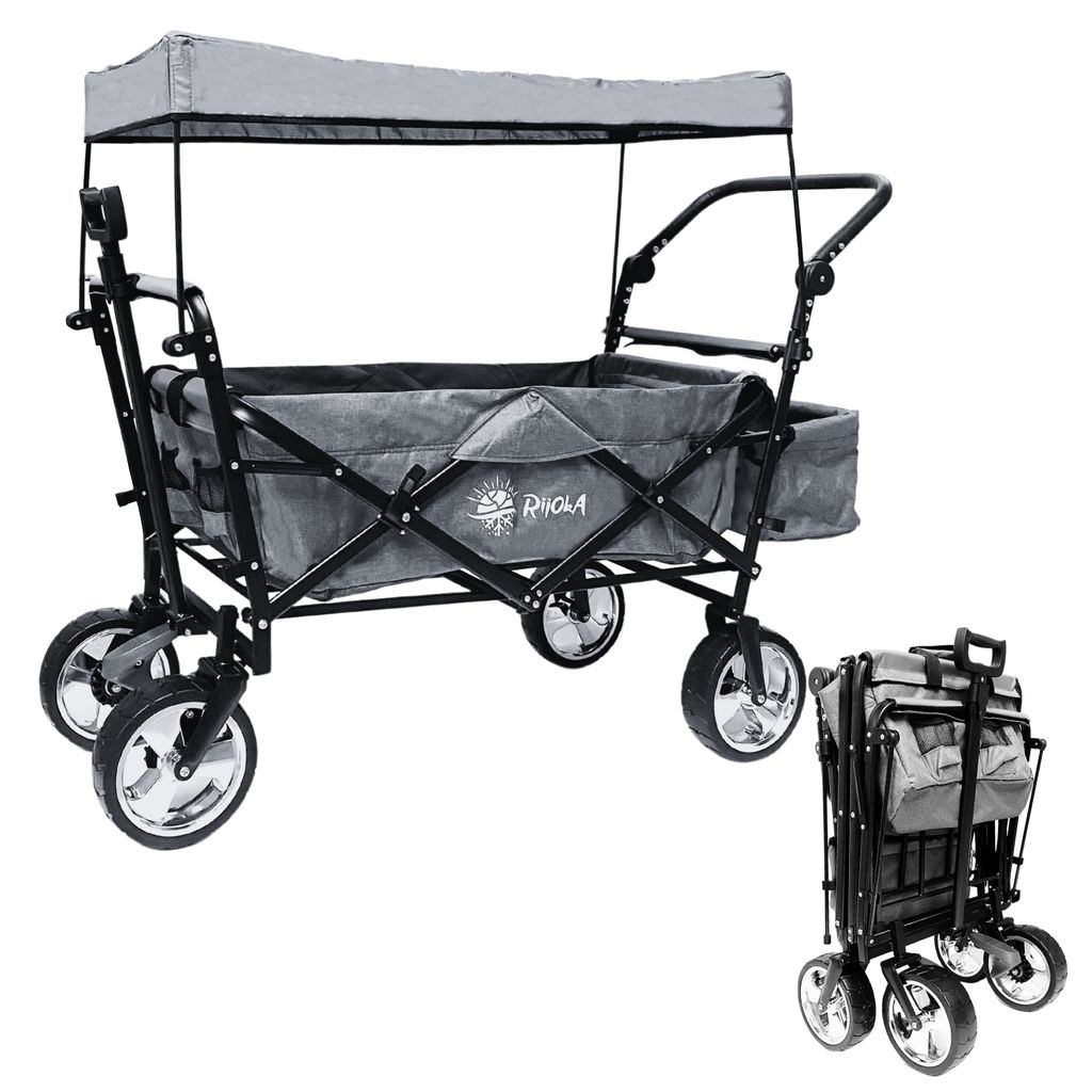 Rijoka Luxus Faltbarer Bollerwagen / Handwagen | Mit Dach und Tragetasche | Jeans Grau