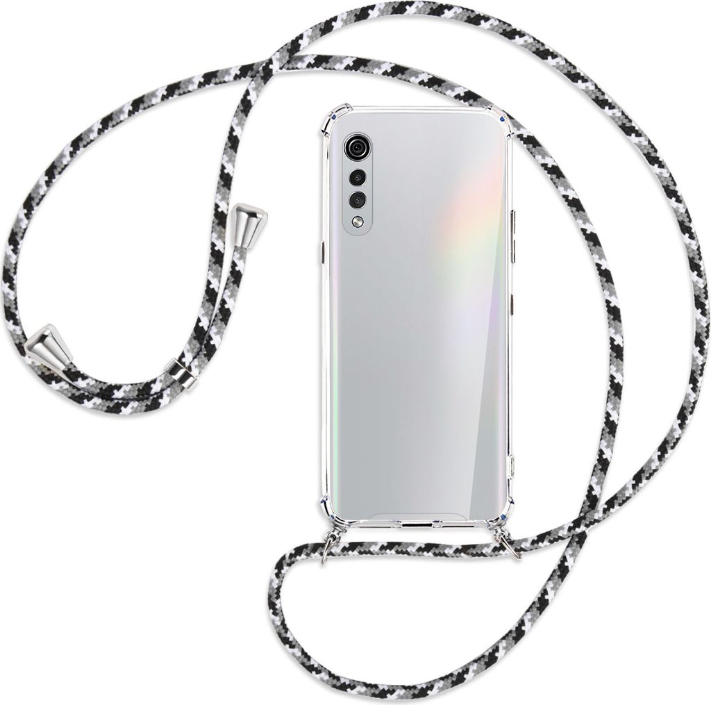 Handykette Backcover-Schutzhülle mit Band (Metall silberfarben) für LG Velvet - schwarz/grau/weiß