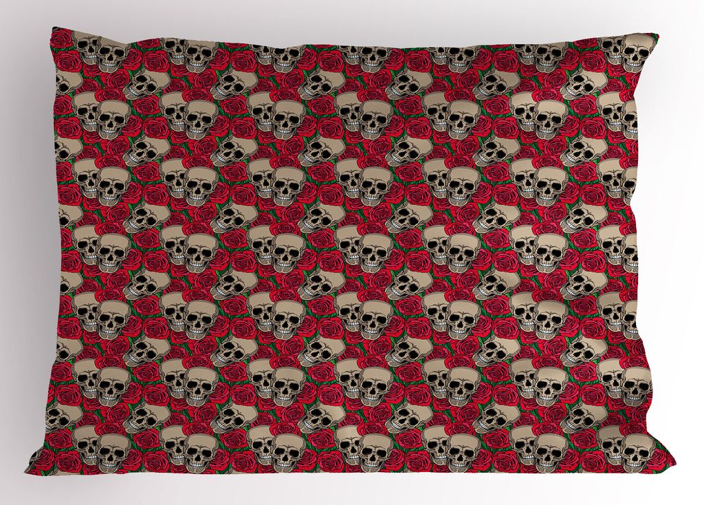 ABAKUHAUS Rose Kopfkissenbezug, Grafische Schädel und rote Rose Blossoms Halloween inspiriert Retro Gothic Pattern, 40x80 cm, Vermilion Tan Grün