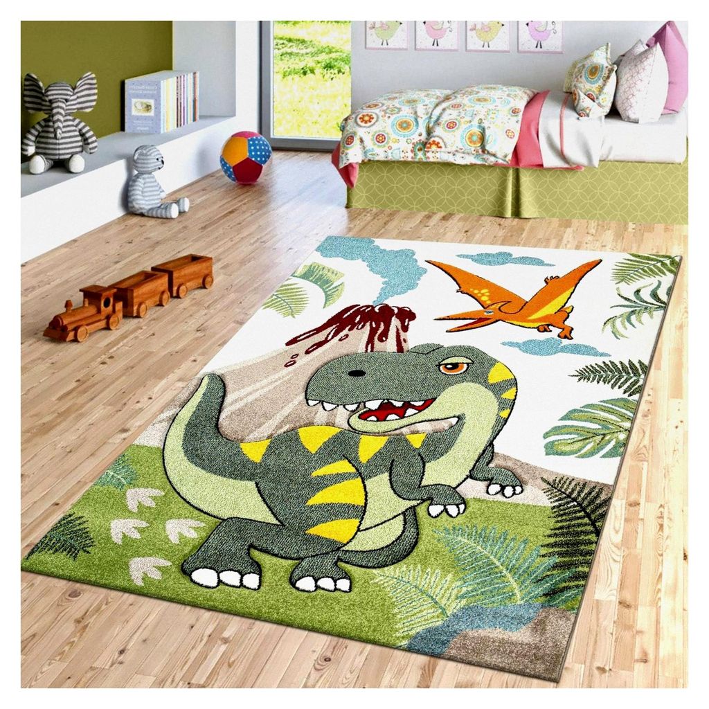 Teppich für das Kinderzimmer mit Dinosaurier-Motiv, Konturenschnitt, Grün, Größe: Ø 120 cm Rund