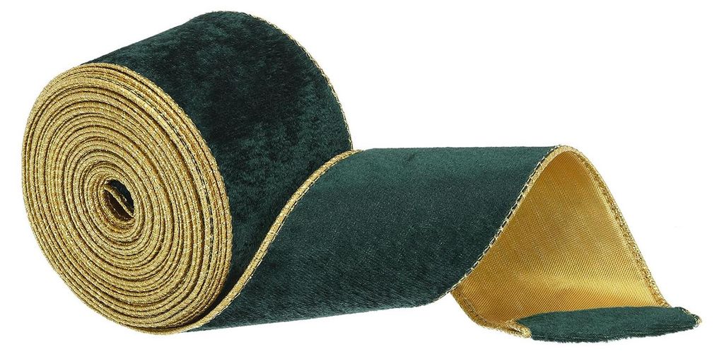 Fluwelen Band 6,3 cm x 9,1 m, Gold, mit Drahtrand, Weihnachtsgrün