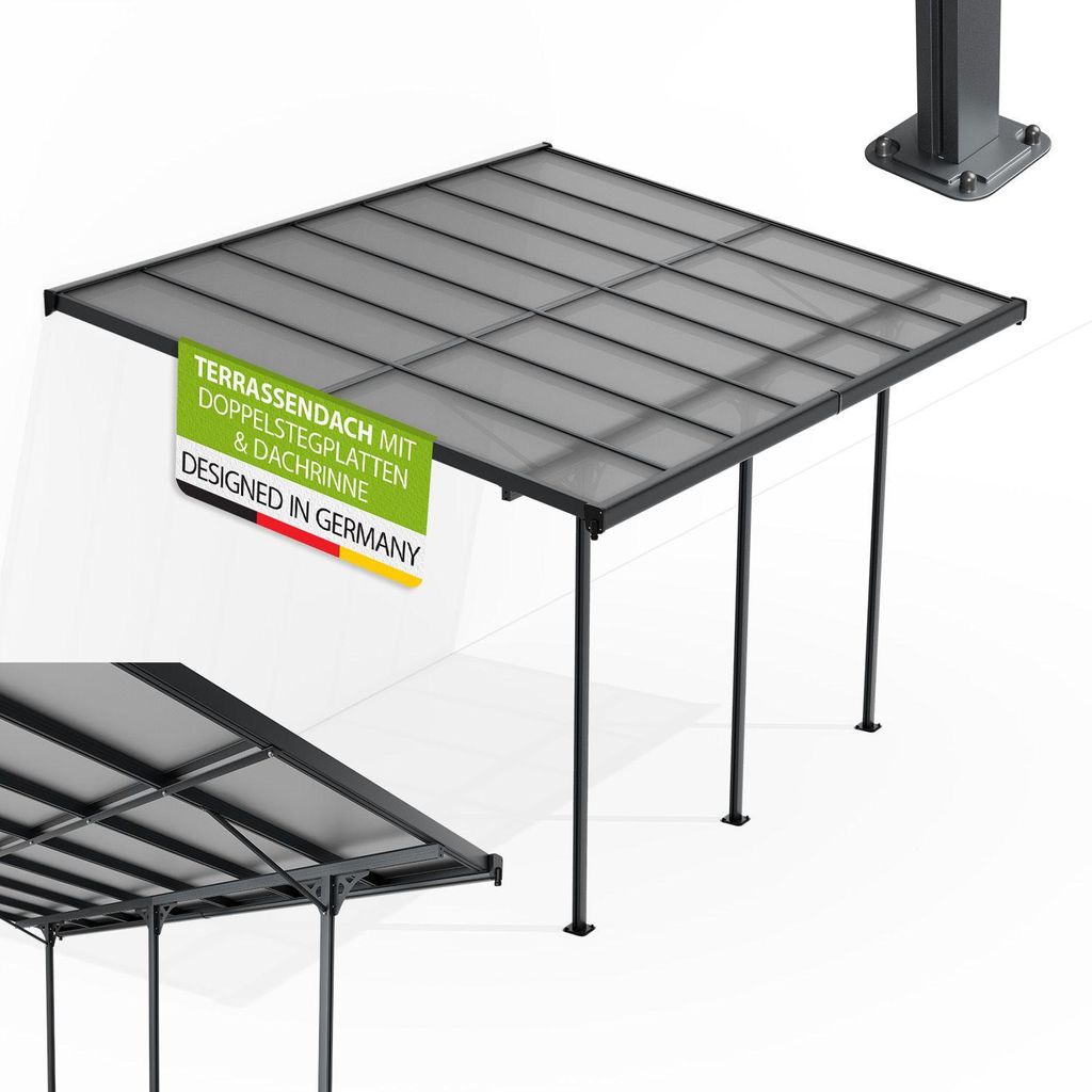 Juskys Terrassenüberdachung Borneo 4x3 m – Aluminium Terrassendach mit Doppelstegplatten Sonnenschutz Wandmontage Überdachung für Terrassen An...