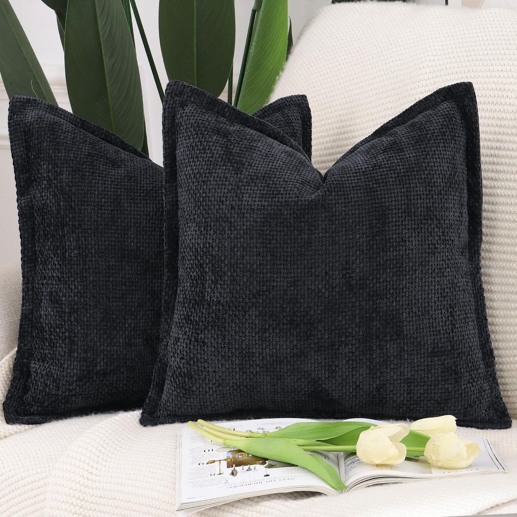 Set mit 2 Kissenbezügen aus Chenille-Samt mit Bordüre, weich, dekorativ, modern, schwarz, 40 x 40 cm