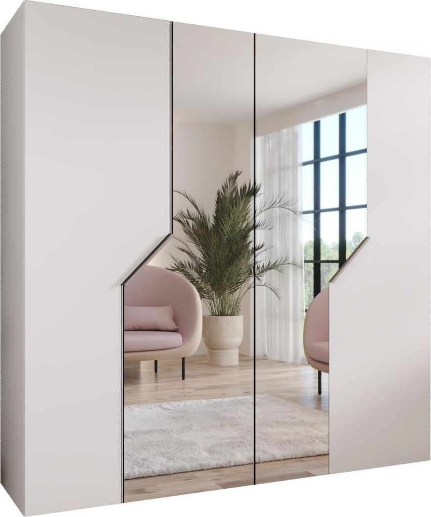 MEBLE KRYSPOL Schrank 200x202x52 cm mit Kleiderstange & Spiegel, 4xTür, ANDREW, Weiß, Griff Kaschmir