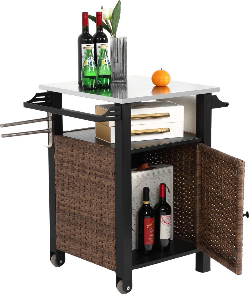 Einzelne Tür Bar Cart,Outdoor Küche Wicker Island Rolling Cart für Aufbewahrungsschrank,Räder und verlängerte Tischplatte,Seitengriff für Pat...