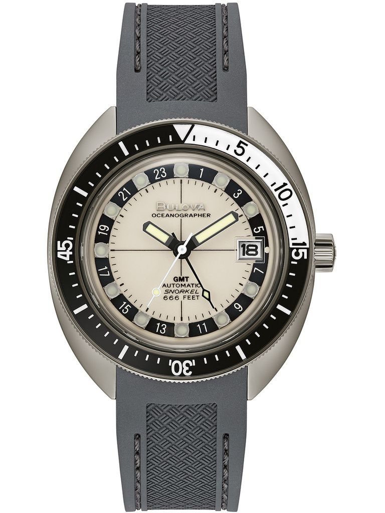 A Bulova Oceanographer watch is shown from the front on a white background.