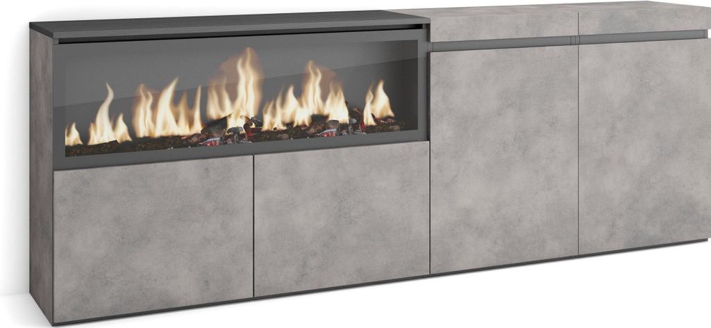 Sideboard, Highboard, 208x35x75cm, 4 Türen, Elektrokamin XXL, Zementgrau