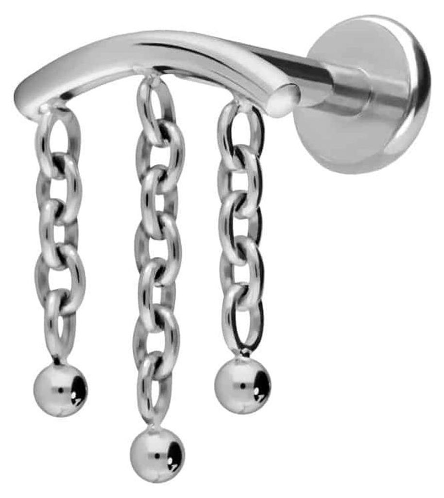 Ohrpiercing, Nasenpiercing Titan Labret mit Push Fit BOGEN + 3 KETTEN Silber Stablänge: 10mm | Stabstärke: 1,2mm