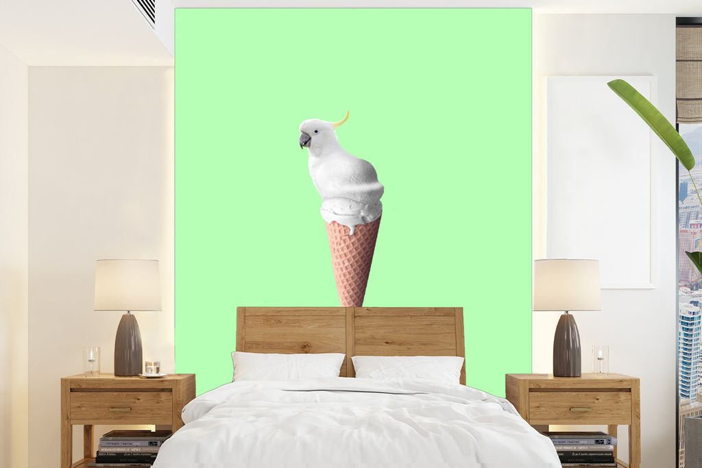 MuchoWow Fototapete für Wohnzimmer oder Schlafzimmer Wandtapete Vinyl Motivtapete Papagei - Eistüten - Eiscreme - Weiß - Grün - 160x220 cm - ...