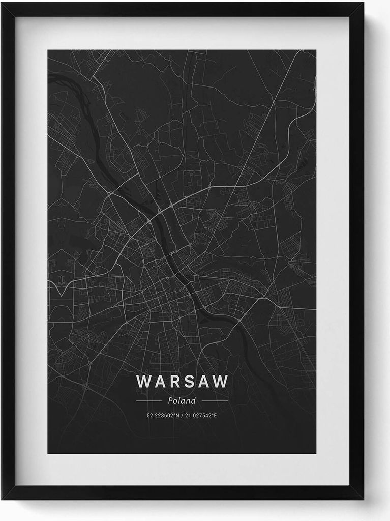 Stadtplan Warschau Polen– Wandbild mit Rahmen – Gerahmtes Bild – Wanddekoration – 50x70 cm – Schwarz Rahmen