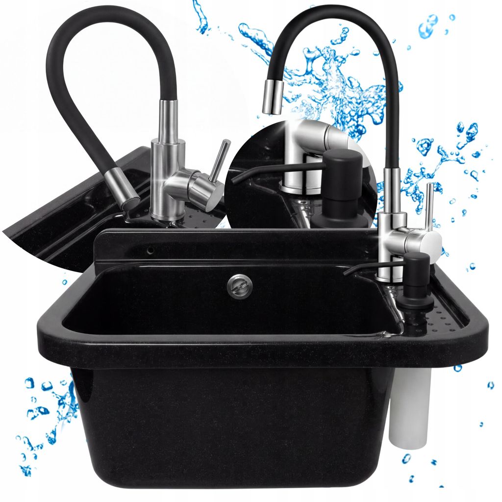 Spülbecken-Set, schwarz, 50 cm, flexible Armatur, Wasserspender
